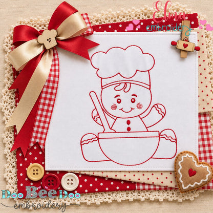 Little Gingerbread Baker - Redwork Stitch - Machine Embroidery Design