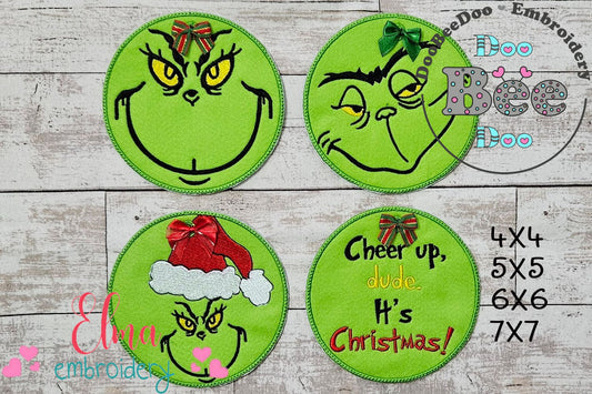 The Grinch Christmas Tree Ornaments - Set of 4 Designs - ITH Project - Machine Embroidery Design