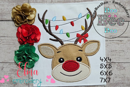 Reindeer and Christmas Lights - Applique - Machine Embroidery Design