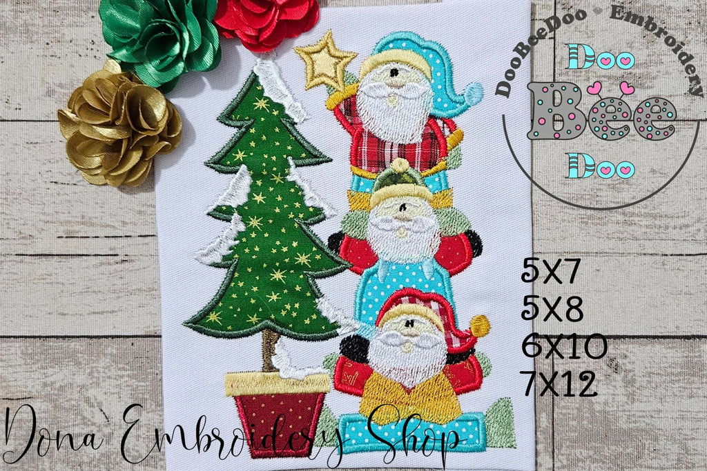 Christmas Tree Santas - Applique Machine Embroidery Design