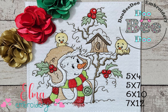 Cute Christmas Snowman and Bird House - Rippled Stitch Machine Embroidery Design