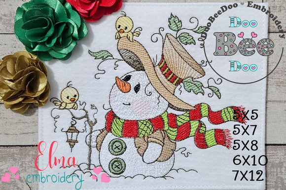 Christmas Snowman and Birds - Rippled Stitch Machine Embroidery Design