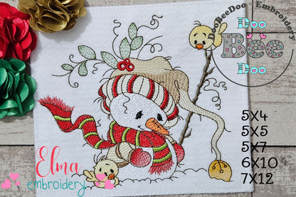Cute Christmas Snowman and Birds - Rippled Stitch Machine Embroidery Design