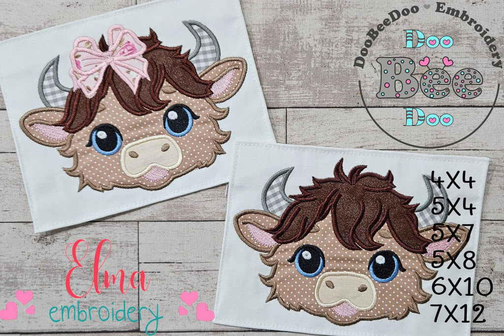 Highland Cow Girl and Boy Face - Applique - Set of 2 Designs - Machine Embroidery Design