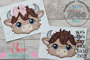 Highland Cow Girl and Boy Face - Applique - Set of 2 Designs - Machine Embroidery Design