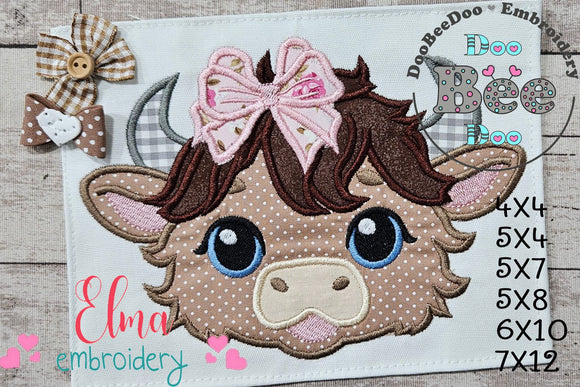 Highland Cow Girl Face - Applique - Machine Embroidery Design