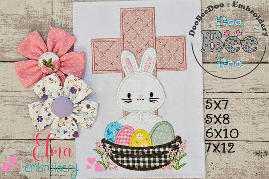 Easter Cross, Bunny and Eggs - Applique - Machine Embroidery Design
