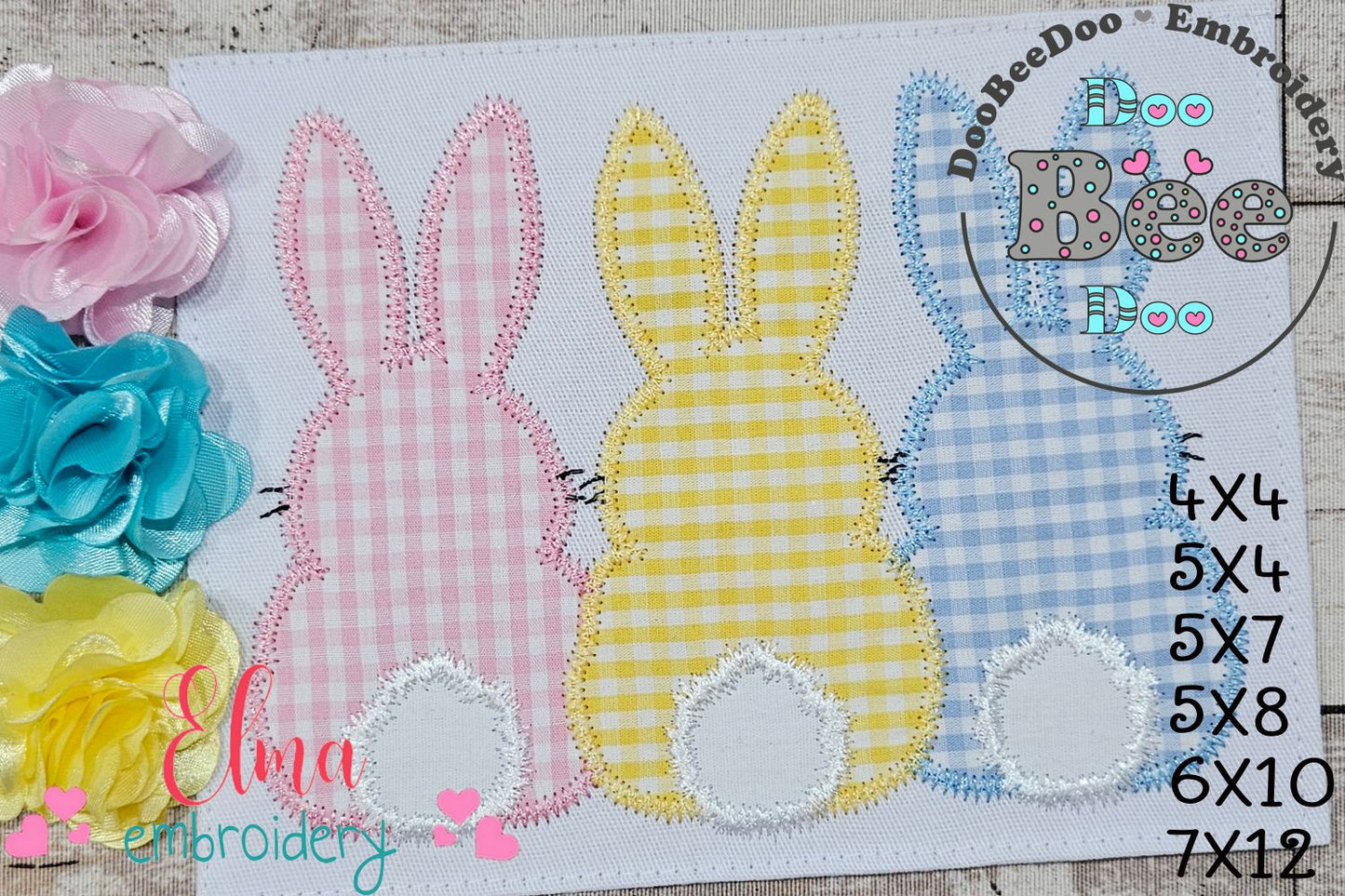 Bunnies Back Trio - Zig Zag Applique - Machine Embroidery Design