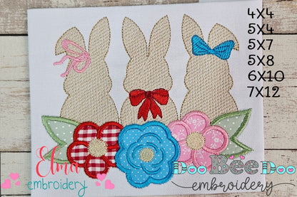 Bunnies Trio and Flowers - Applique - Machine Embroidery Design