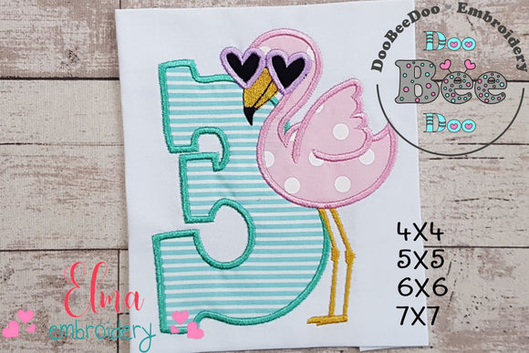 Flamingo with Sunglasses Number 3 Three 3rd Birthday - Applique - Machine Embroidery Design