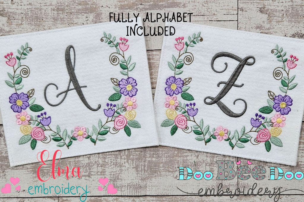 Monogram A-Z Floral Wreath Alphabet - Fill Stitch - Machine Embroidery Design