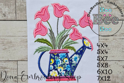 Tulips Watering Can - Applique - Machine Embroidery Design