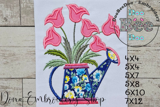 Tulips Watering Can - Applique - Machine Embroidery Design
