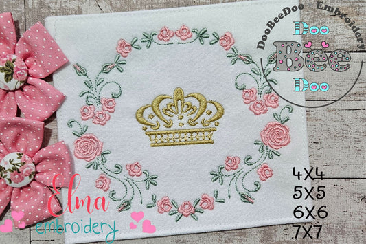 Royal Crown and Flowers Frame - Fill Stitch - Machine Embroidery Design
