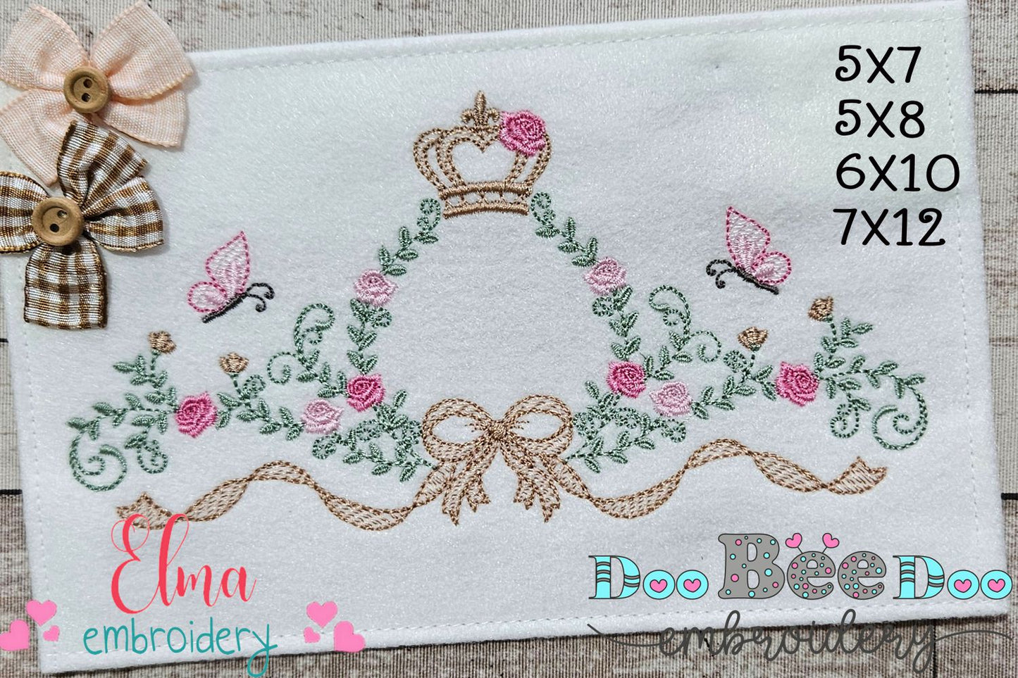 Princess Bloom Frame with Crown, Butterflies & Lovely Bow – Fill Stitch – Machine Embroidery Design