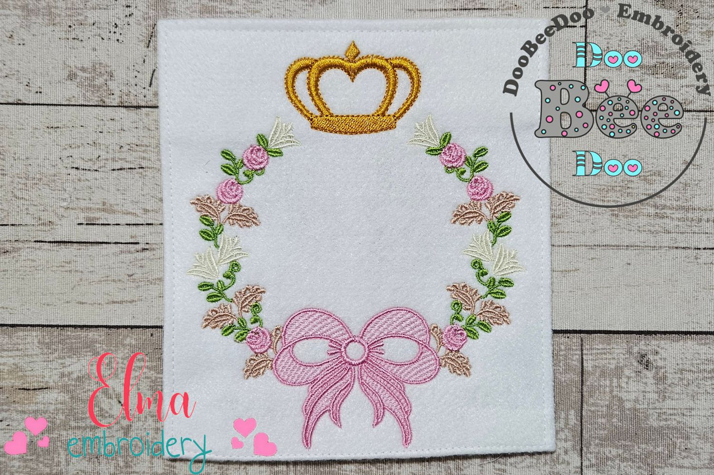Delicate Floral Frame with Bow and Crown - Fill Stitch