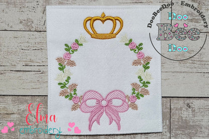Delicate Floral Frame with Bow and Crown - Fill Stitch