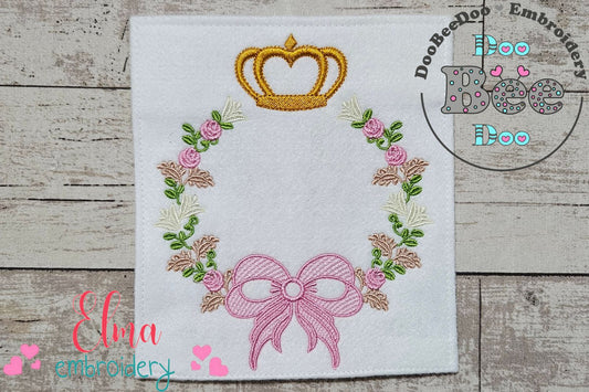 Delicate Floral Frame with Bow and Crown - Fill Stitch