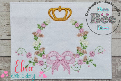 Delicate Floral Frame with Bow and Crown - Fill Stitch