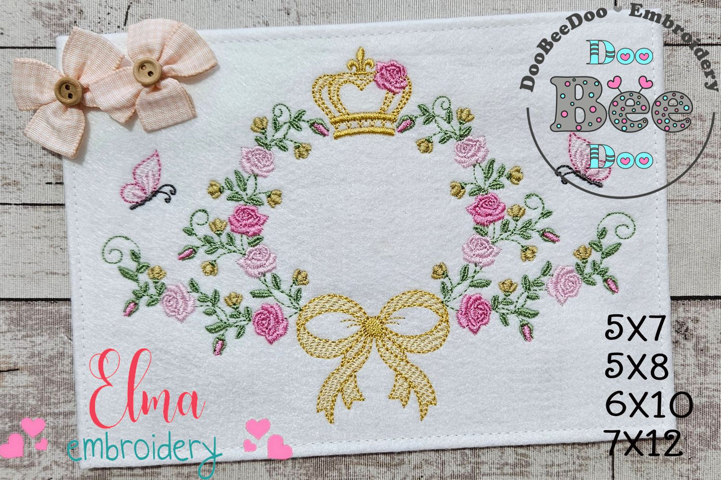 Whimsical Floral Frame with Bow, Butterfly & Crown – Fill Stitch – Machine Embroidery Design