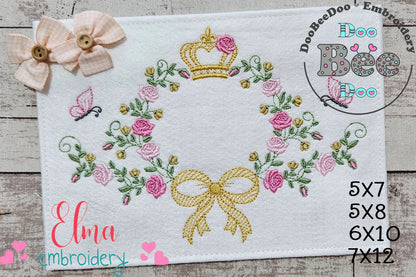 Whimsical Floral Frame with Bow, Butterfly & Crown – Fill Stitch – Machine Embroidery Design