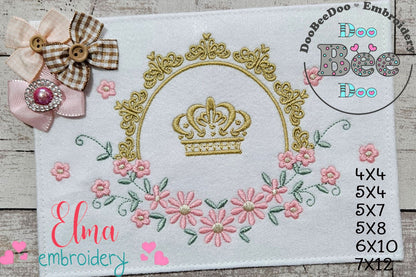 Delicate Floral Frame with Crown - Fill Stitch - Machine Embroidery Design