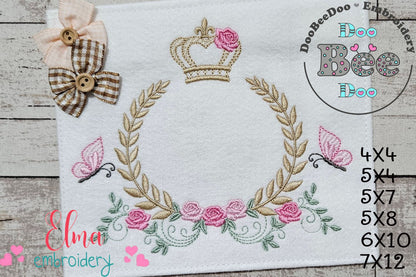 Enchanted Laurel Wreath with Crown and Fluttering Friends – Fill Stitch – Machine Embroidery Design