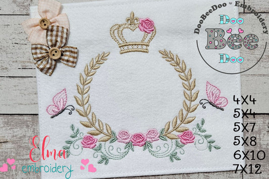 Enchanted Laurel Wreath with Crown and Fluttering Friends – Fill Stitch – Machine Embroidery Design