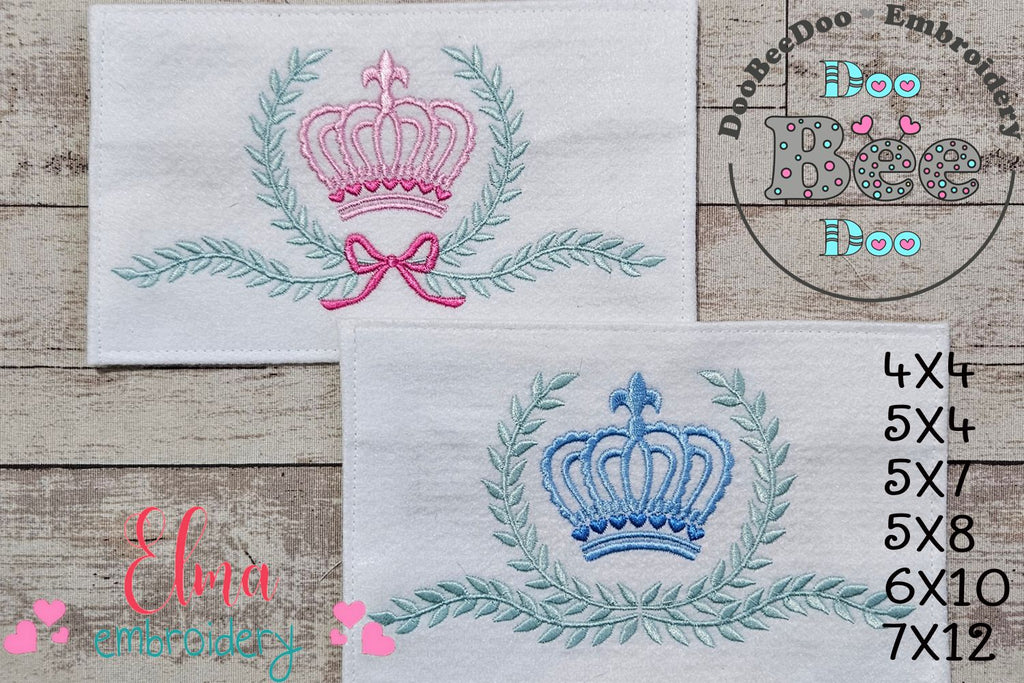 Laurel Prince and Princess Crown - Set of 2 Designs - Fill Stitch Embroidery