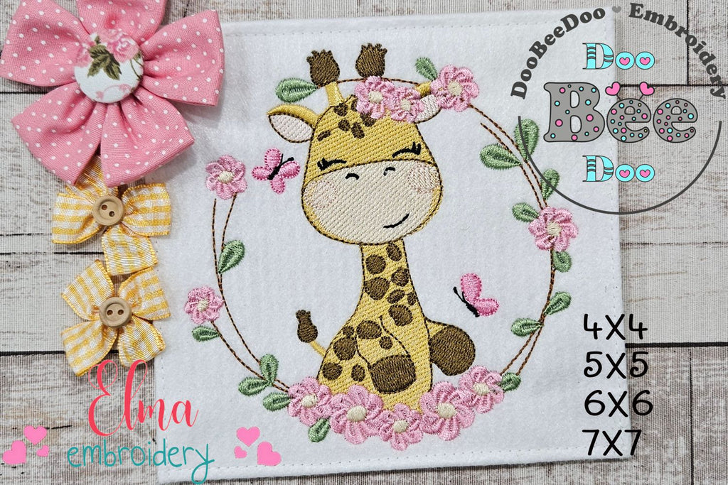 Safari Giraffe Girl and Flowers - Rippled Stitch - Machine Embroidery Design