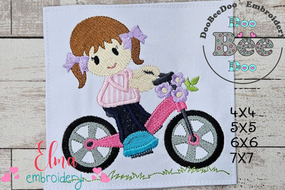 Girl Riding a Bicycle - Applique - Machine Embroidery Design