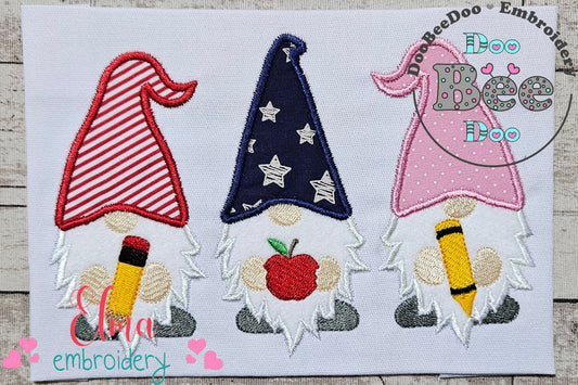 Three Back to School Gnomes - Applique - Machine Embroidery Design