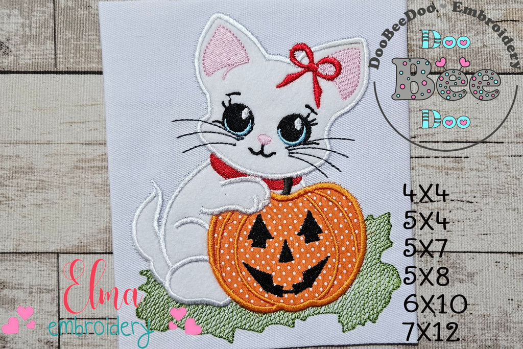 Halloween Cat Girl and Pumpkin - Applique Embroidery