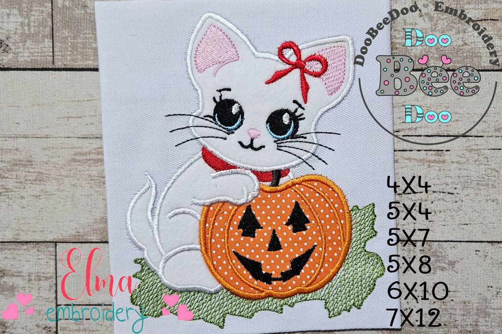 Halloween Cat Girl and Pumpkin - Applique - Machine Embroidery Design