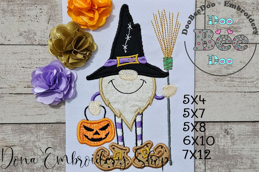Halloween Gnome Broom - Applique Machine Embroidery Design