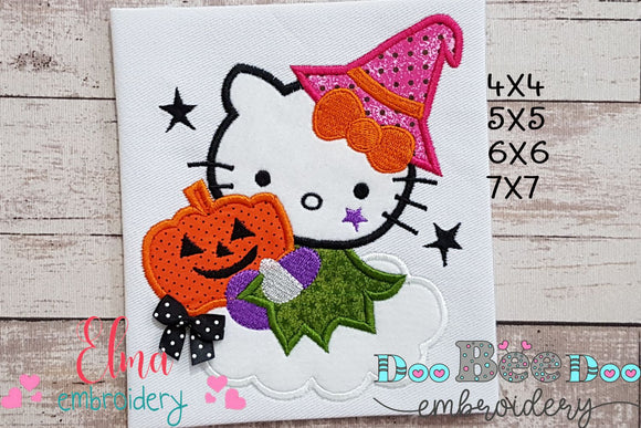 Halloween Witch White Kitty - Applique Embroidery