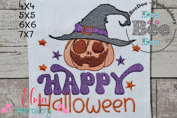 Happy Halloween Witch Pumpkin - Rippled Stitch - Machine Embroidery Design