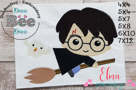 Wizard Boy on the Broom - Fill Stitch Machine Embroidery Design