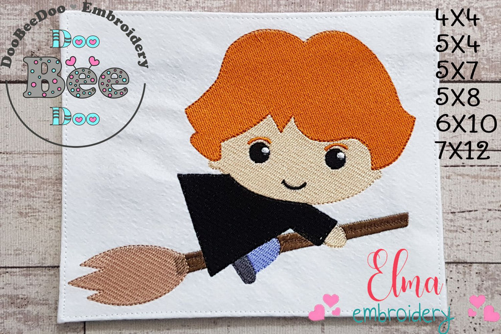 Wizard Boy Ginger Hair on the Broom - Fill Stitch Embroidery