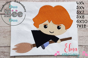 Wizard Boy Ginger Hair on the Broom - Fill Stitch Embroidery