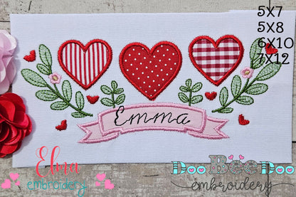 Three Hearts Trio, Flowers and Banner - Applique - Machine Embroidery Design