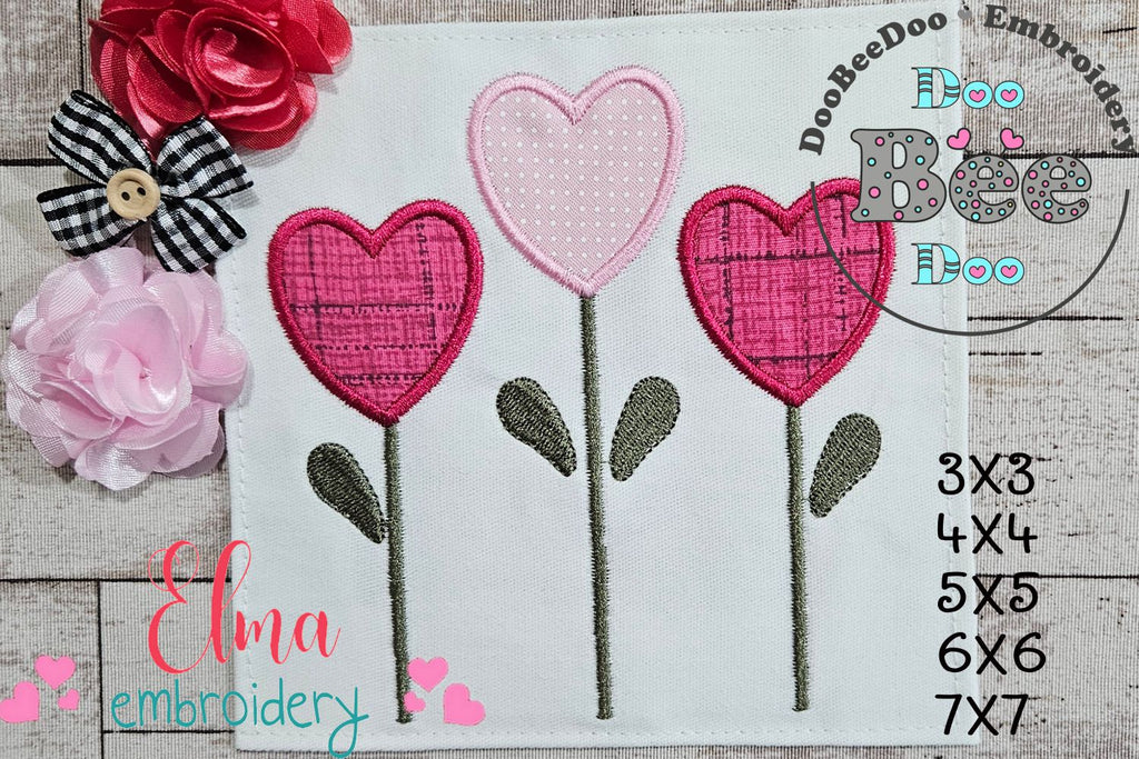 Three Flowers Hearts - Applique - Machine Embroidery Design