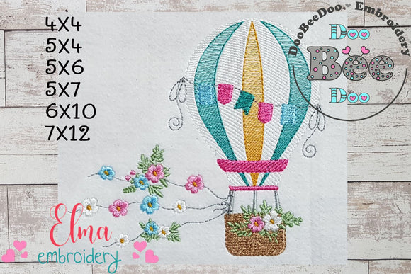 Hot Air Balloon and Flowers - Fill Stitch Embroidery