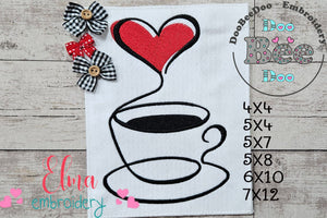 Coffee Cup Heart Line Art - Fill Stitch - Machine Embroidery Design