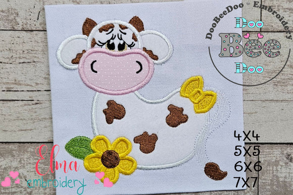 Farm Cow, Flowers and Bow - Applique Embroidery