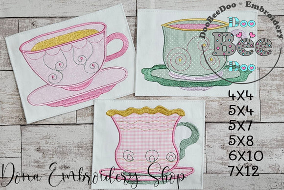 Cute 3 Teacups - Applique - Set of 3 Designs - Machine Embroidery Design