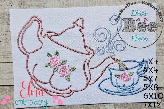 Teapot and Cup - Redwork - Machine Embroidery Design