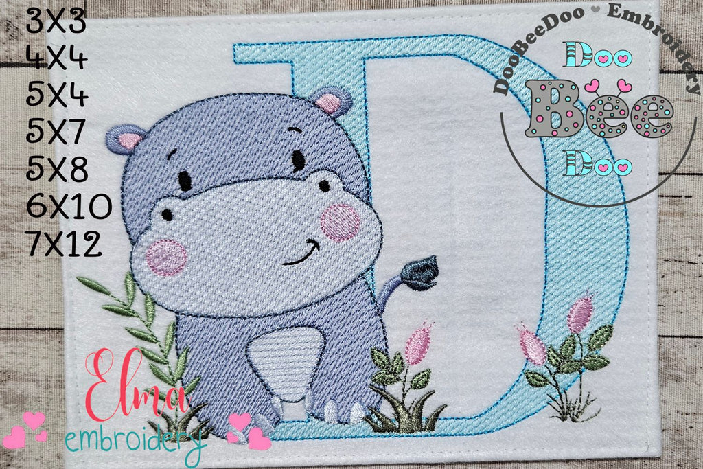 Hippo Monogram D Letter D - Rippled Stitch Embroidery