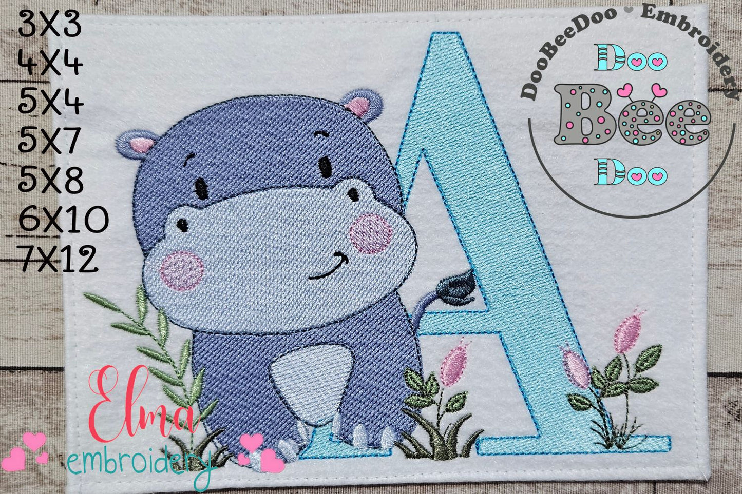 Hippo Monogram A Letter A - Fill Stitch Embroidery