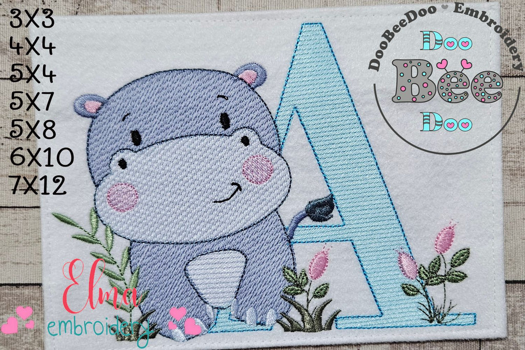 Hippo Monogram A Letter A - Rippled Stitch Embroidery